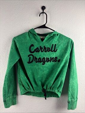 Paper Flower Green Carroll Dragons cropped hoodie with a cinched drawstring hem.